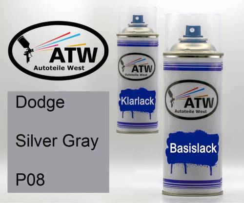 Dodge, Silver Gray, P08: 400ml Sprühdose + 400ml Klarlack - Set, von ATW Autoteile West.